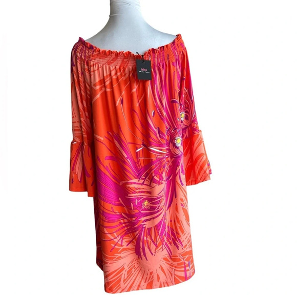 Trina Turk Off-Shoulder Orange Pink Floral Print Dress Women’s Size M NWT - Picture 3 of 7
